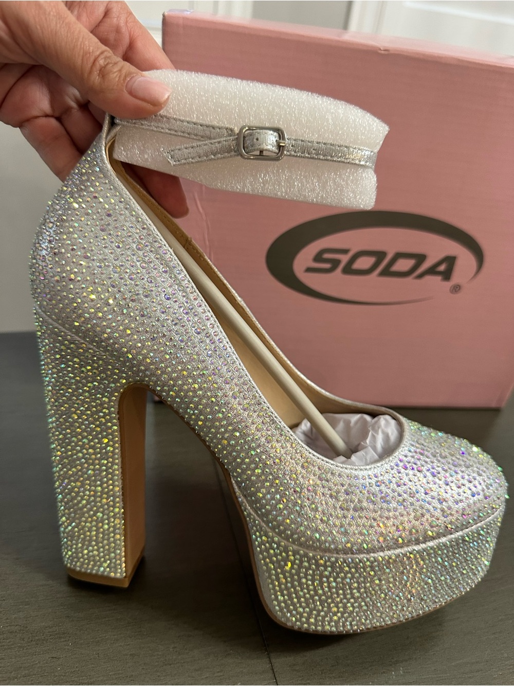 Soda Silver Crystal Platform Mary Jane Heels - Picture 3 of 5